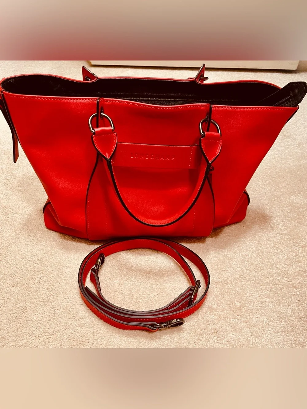 Longchamp Leather Top Handle Satchel Tote Red Crossbody Bag w/ Strap